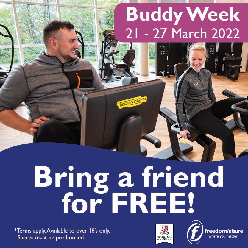 Bring a friend for FREE! Give them the opportunity to try our facilities for 1 day between 21-27 March. 
Bonus if your friend joins before 31st March you get 50% off your next monthly direct debit. 
T&amp;C's apply

#community #fitnessclasses #woking #gymmotivation #gymbuddies