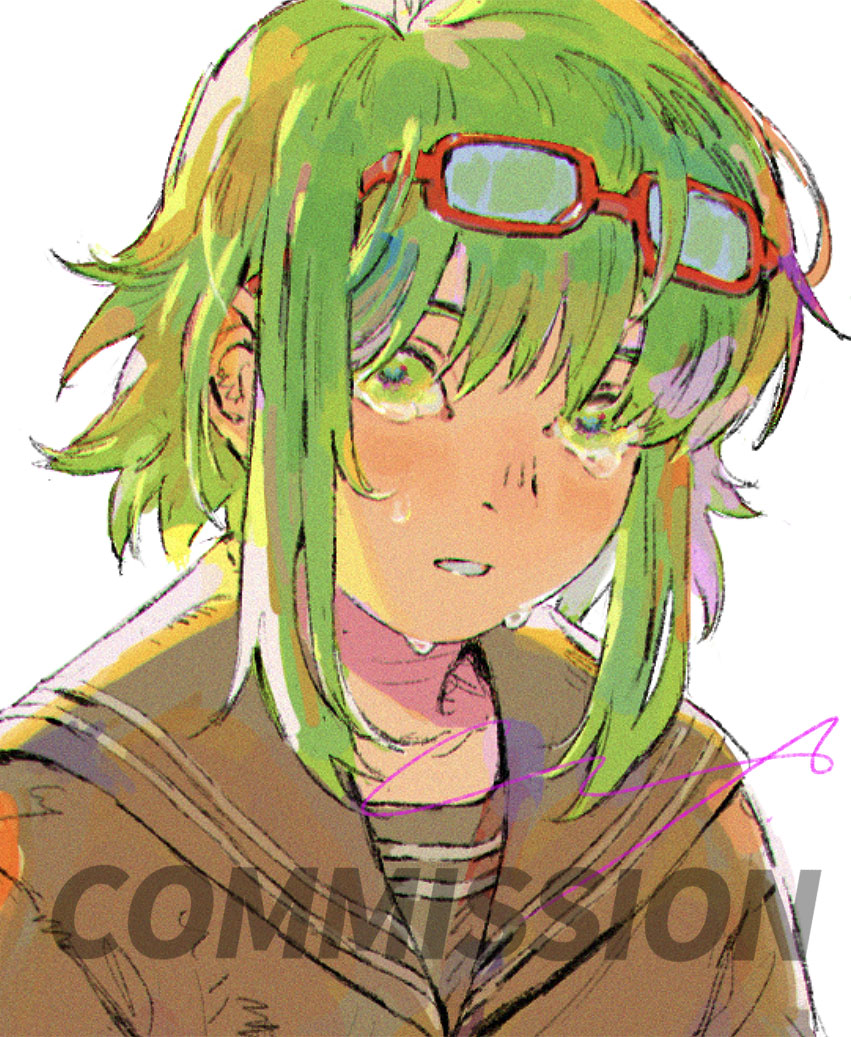 gumi 1girl solo green hair crying tears crying with eyes open eyewear on head  illustration images