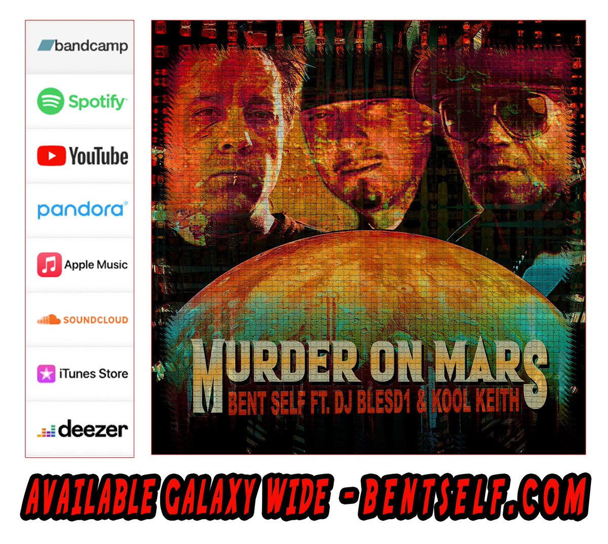 BentSelf's tweet image. Get ya some spacey alt-hiphop vibes with my new song 'Murder On Mars'' ft. Kool Keith &amp;amp; Dj Blesd1 🤘 Streaming galaxy wide -  bent-self.lnk.to/MurderOnMars 

Presented by @blindalienrecords
#althiphop #BentSelf #KoolKeith #DjBlesd1 #undergroundhiphop