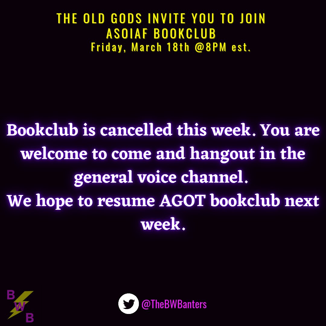 TheBWBanters's tweet photo. If you'd like to join our discord server please feel free to use our link.

#ASOIAF #Bookclub #AGOT #BrotherhoodWhichBanters https://t.co/Mqx9cPa7K7