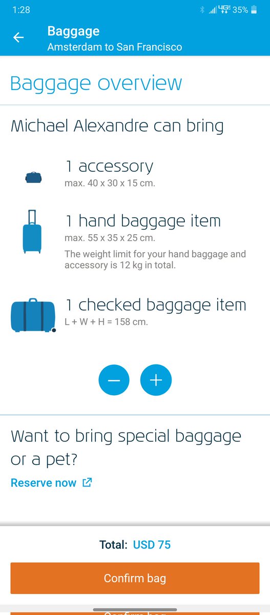 MikeAlexandre17's tweet photo. @KLM Hello! Trying to book extra checked luggage from my flight from AMS back to SFO but the App/online booking via desktop doesnt allow every single time. Help please! https://t.co/zJ99e3uJ5S