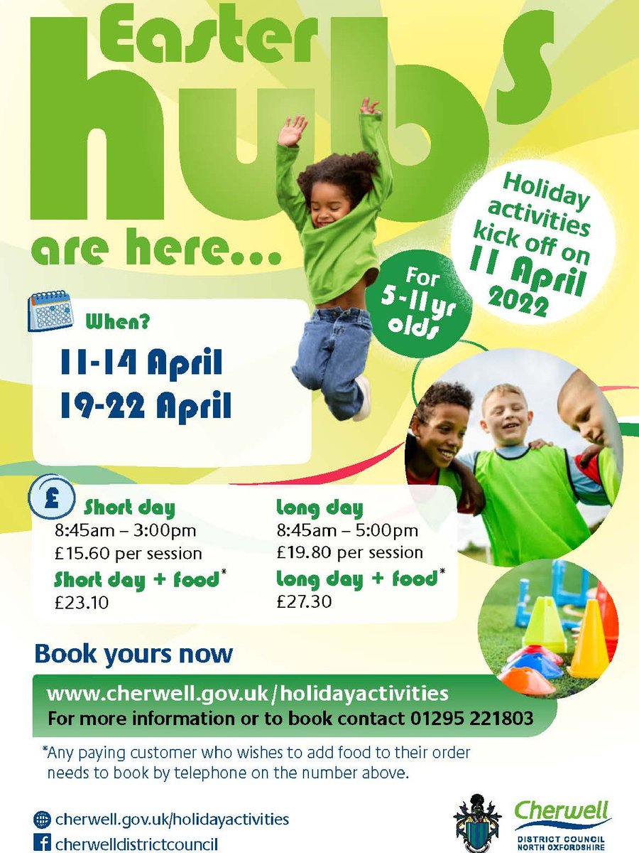 K5 Better Together (@k5better) on Twitter photo Bookings for <a href="/Cherwellcouncil/">Cherwell District Council</a>'s Easter Holiday Hubs are now open.
There are sessions at Kidlington & Gosford Leisure Centre, Bicester Leisure Centre, Spiceball Leisure Centre and Banbury's North Oxfordshire Academy.
More info> cherwell.gov.uk/holidayactivit… Bookings for <a href="/Cherwellcouncil/">Cherwell District Council</a>'s Easter Holiday Hubs are now open.
There are sessions at Kidlington & Gosford Leisure Centre, Bicester Leisure Centre, Spiceball Leisure Centre and Banbury's North Oxfordshire Academy.
More info> cherwell.gov.uk/holidayactivit…
