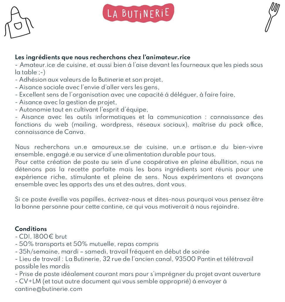 En tant que membre du CA de la #Butinerie, #tierslieu autour de l'#alimentation durable pour toutes et tous à Pantin, nous relayons cette #offredemploi pour un-e animateur-trice de la Cantine Participative. A partager largement!