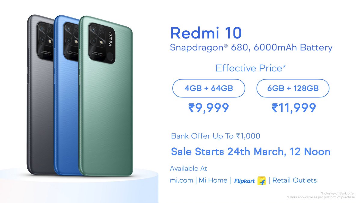 TechTipster_'s tweet photo. Redmi 10 launched in India
6.71" HD+ display
1600 x 720 pixels
CGG 3 protection
Snapdragon 680
4GB/6GB LPDDR4X RAM
64GB/128GB UFS 2.2 storage
5MP | 50+2MP
Rear-mounted FPS
6000mAh battery
18W charging
MIUI 13
Android 11

4GB + 64GB: Rs. 10,999
6GB + 128GB: Rs. 12,999
#Redmi10 https://t.co/aIpod2A06f