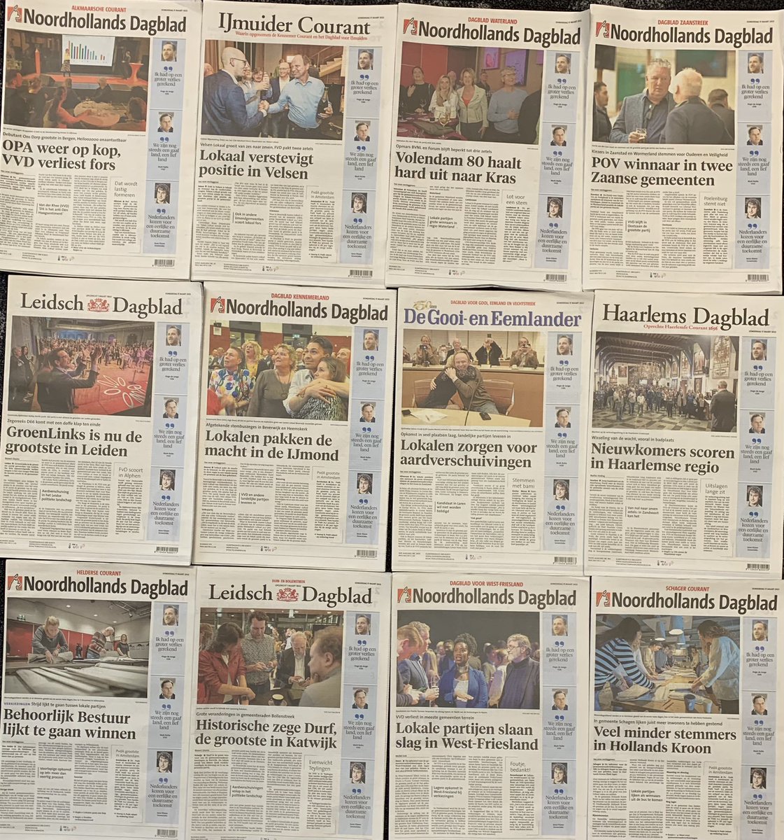 CorineVries's tweet image. Twaalf edities, twaalf verschillende voorpagina’s. Zo mooi is regiojournalistiek de ochtend na de verkiezingen.