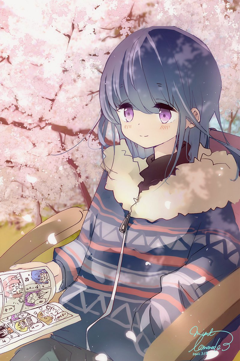 shima rin 1girl solo cherry blossoms blue hair purple eyes signature smile  illustration images