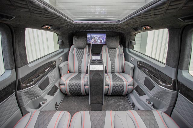 Senzati Jet Class finished in Storm Grey and Ebony with a red piping on the seats! This Jet Class has been fitted with a single moving electric centre console, 240v sockets, sunroof blind, electric seats and an additional screen for rear facing passengers! #senzati #jetclass