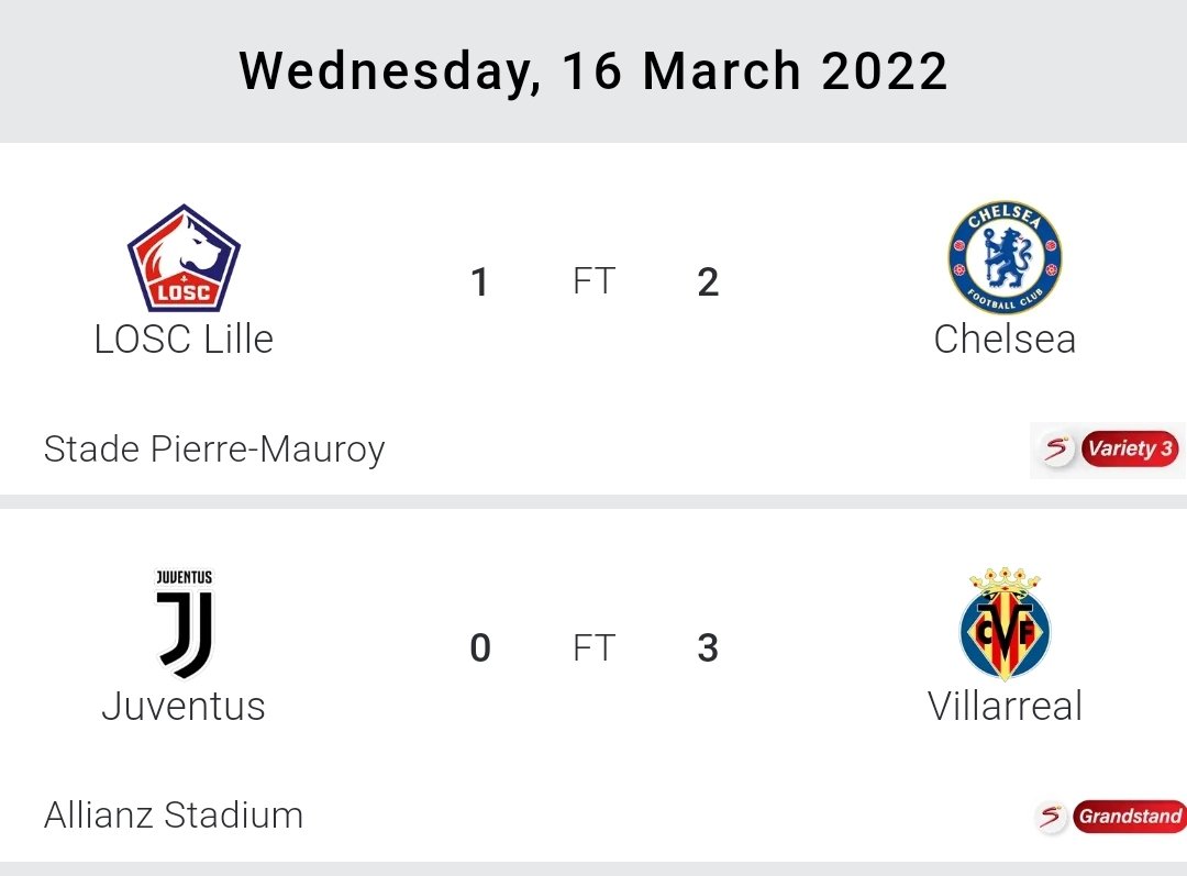 CJSportsMedia's tweet photo. UEFA Champions League Soccer Results on Wednesday 16 March 2022:

LOSC Lille 1 - 2 Chelsea (Full Time)

Juventus 0 - 3 Villarreal (Full Time)

#CJSportsMedia #UCL #Last16 #2ndLeg #UEFA #SuperSport 📸 #Heineken #LCLvsCHE #JUVvsVIL https://t.co/JcxZEfoSm3