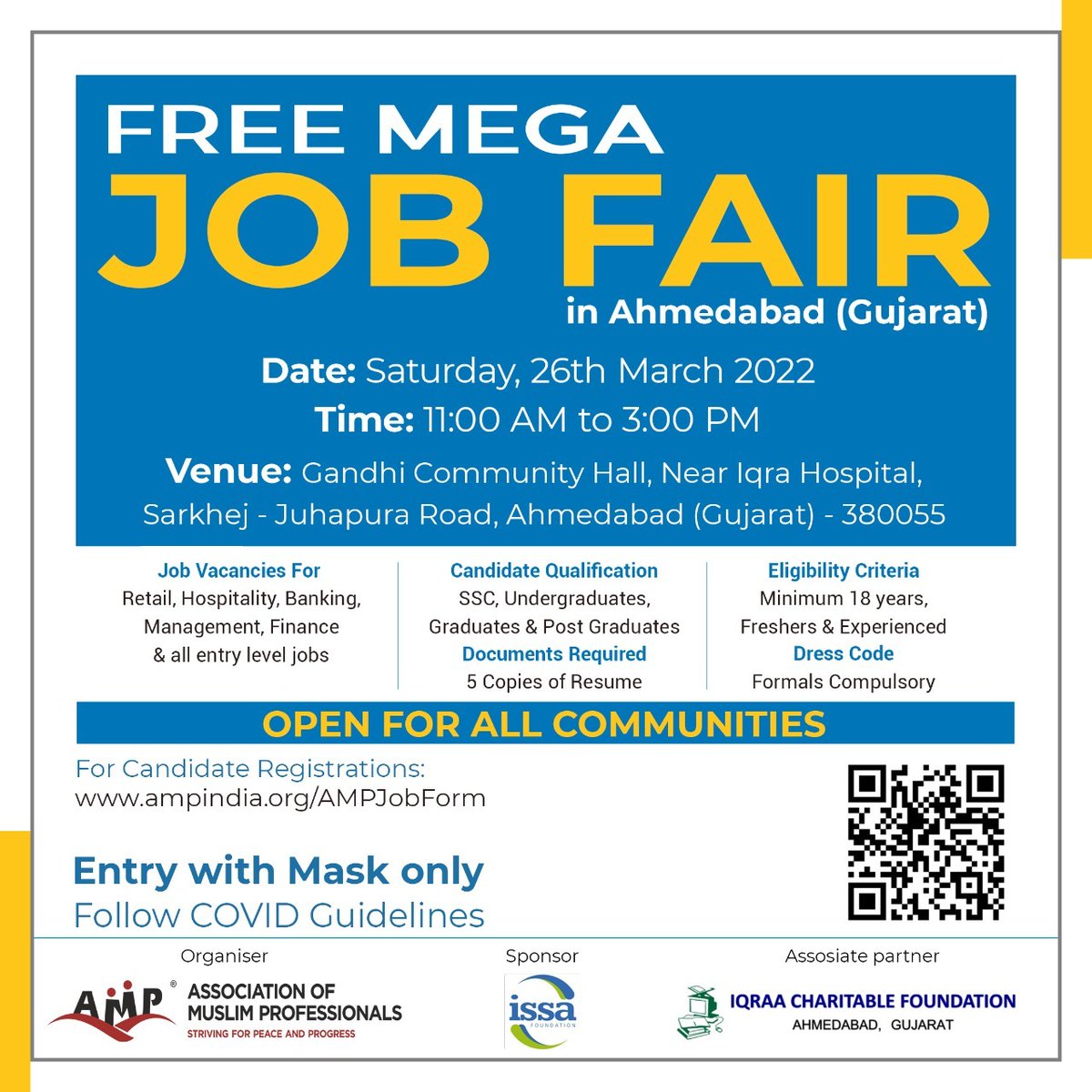Free Mega Offline #JobFair in #Ahmedabad

<a href="/AmpIndia/">AMP India</a> is organizing a Mega Job Fair on Saturday, 26th March from 11AM to 3PM

Job Vacancies across multiple sectors for 10th pass and above candidates..

Register using below link:* 
ampindia.org/AMPJobForm 

Open for ALL communities.
