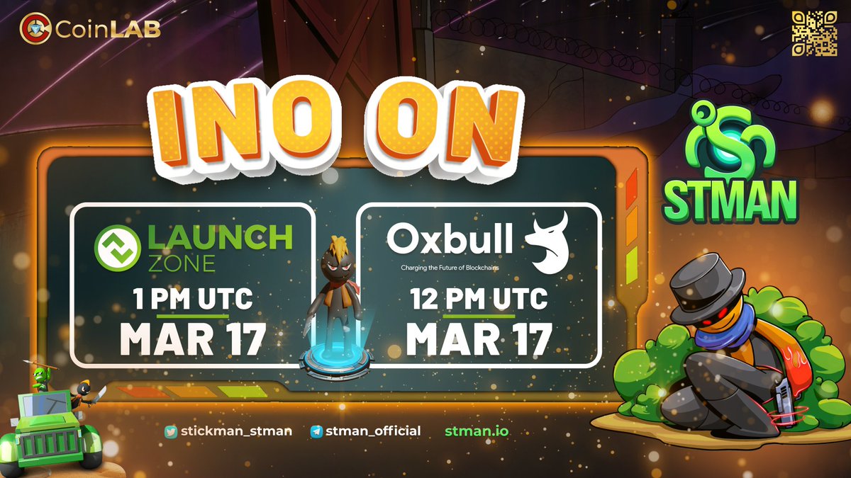 🎯Don't miss out on @Stickman_STMAN's INO event on #LaunchZone and #Oxbull today, Mar 17!

👉LZPad: 1 PM UTC
lz.finance/pad/v2/56/Stic…
👉Oxbull:  12 PM UTC
ino.oxbull.tech/pool/stman

⏰Set reminder now guys!
#CoinLAB #CoinLAB_GG #STMAN