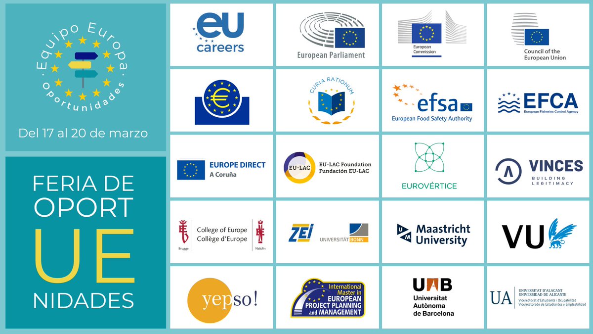 maurogferrandiz's tweet photo. Hoy comienza la Feria de OportUEnidades de @Equipo_Europa 🎉

Hasta el 20 de marzo podrás asistir a todas las sesiones sobre #formación, #prácticas, #becas y más que tendrán lugar ONLINE.

Además, contaremos con 4 Ferias PRESENCIALES en Alicante, Barcelona, Madrid y Sevilla. https://t.co/pUDLHsc3T9