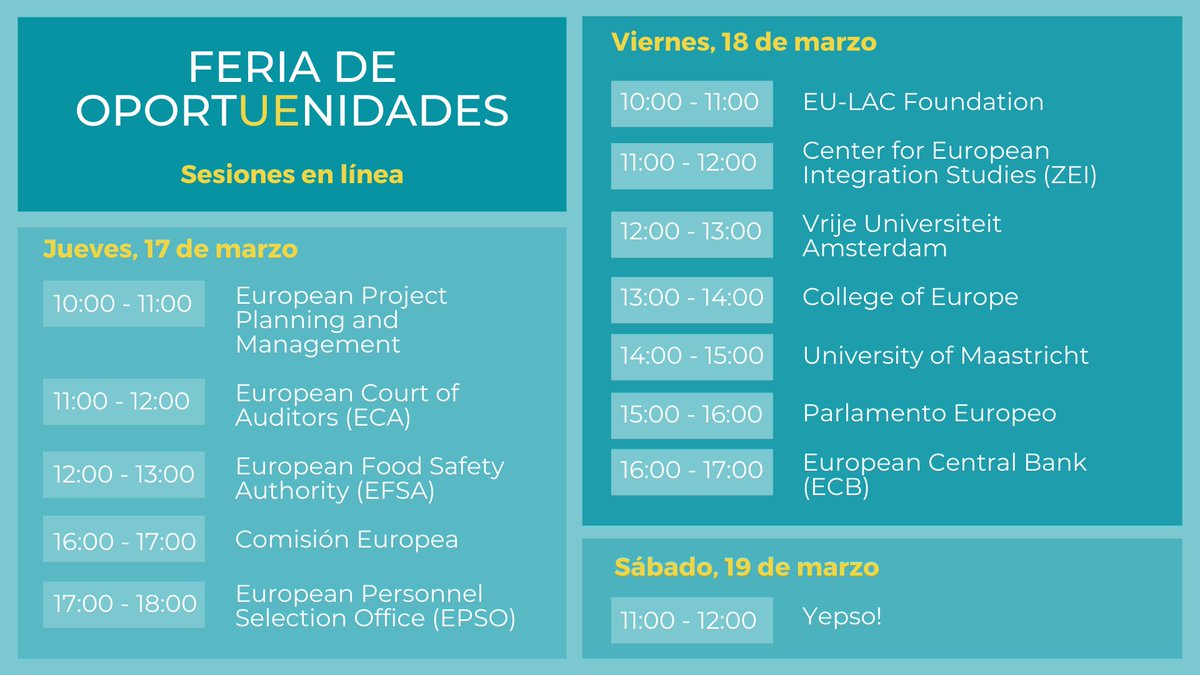 maurogferrandiz's tweet photo. Hoy comienza la Feria de OportUEnidades de @Equipo_Europa 🎉

Hasta el 20 de marzo podrás asistir a todas las sesiones sobre #formación, #prácticas, #becas y más que tendrán lugar ONLINE.

Además, contaremos con 4 Ferias PRESENCIALES en Alicante, Barcelona, Madrid y Sevilla. https://t.co/pUDLHsc3T9