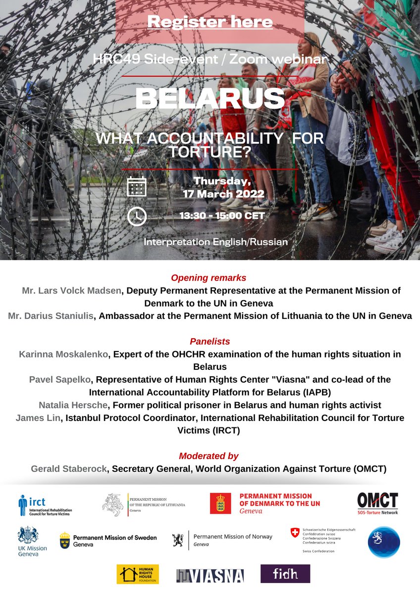 Today Finland 🇫🇮 will co-sponsor together with 🇬🇧🇱🇹🇩🇰🇨🇭🇸🇪🇳🇴 a HRC49 side-event on accountability for torture in Belarus. Finland condemns the use of arbitrary detention, torture and ill-treatment. #EndTorture #HRC49 #FIinHRC