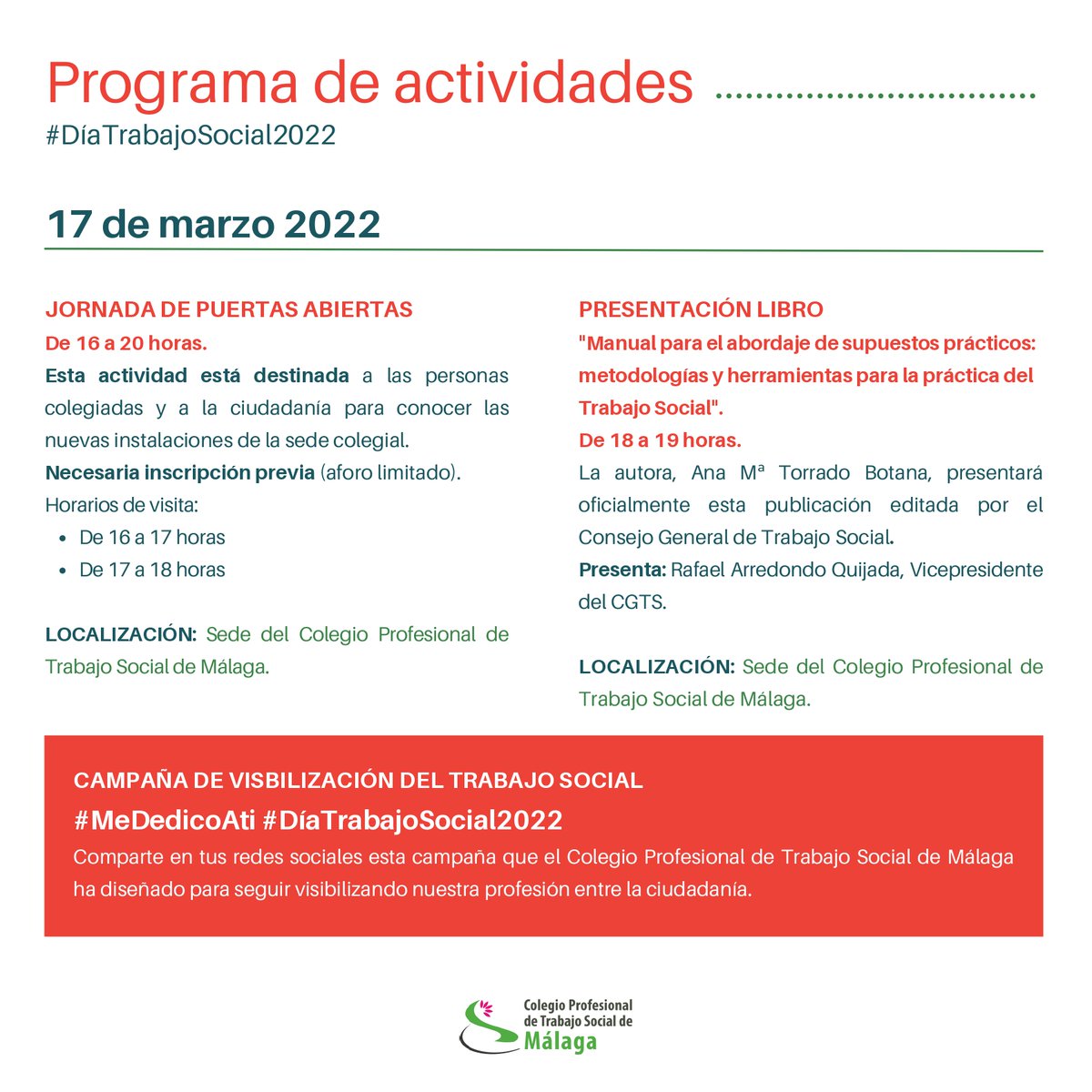 FEST_UMA's tweet photo. Continuamos hoy con los eventos que con motivo del #DiaTrabajoSocial2022 venimos celebrando, hoy os invitamos a la sede del @COLEGIOTSMALAGA donde tendrán lugar los actos previstos.
#MeDedicoAti https://t.co/A85BtfprXw