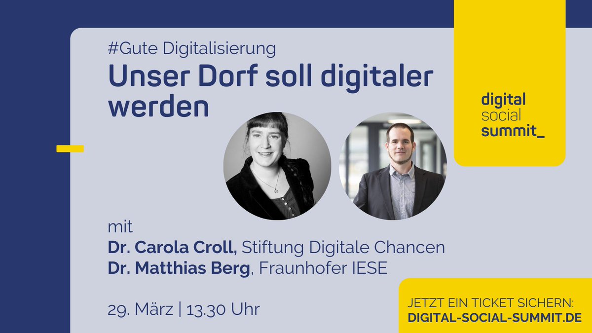 digitalechancen's tweet image. Vom 29.-30.3. findet der 4. #dss2022 statt! Wir sind mit unserem Projekt #DigitaleDörferNiedersachsen mit einer Session dabei! Meldet euch an und verfolgt die Session via Livestream oder beteiligt euch aktiv: digital-social-summit.de/session/unser-…
@FraunhoferIESE @digitaledoerfer @digisocsummit