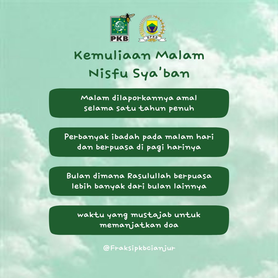 "Bersihkan Hati Menjelang Bulan Suci Untuk Meraih Ridlo Ilahi"

<a href="/Firmansyahlepi/">Levi Firmansyah</a> <a href="/Muslimoffi1Aziz/">Aziz_Muslim_official</a> <a href="/dedicalegpkb/">Dedi Suherli</a> <a href="/DedeBadri3/">@Kang DEBA</a> <a href="/DediKoswara2/">Dedi Koswara</a> <a href="/fhoeads/">fuad faizal</a> <a href="/PkbCianjur/">DPC PKB CIANJUR</a> <a href="/dpwpkbjabar/">DPW PKB JABAR</a> <a href="/DPP_PKB/">DPP PKB</a> 

#NisfuSyaban 
#Gusmuhaiminpresiden2024