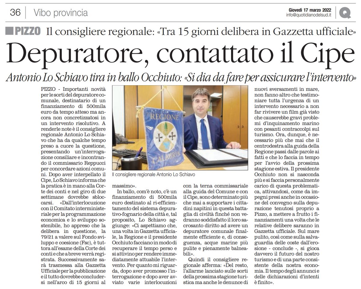 antoniolosc's tweet photo. Dopo la risposta all'interrogazione sul depuratore di Pizzo, mi sono attivato per far sì che l’iter potesse sbloccarsi. Da qui l'interlocuzione con il Cipe e la garanzia che entro 15 gg la delibera sarà in GU. Continuerò a incalzare Occhiuto finché il risultato non sarà raggiunto https://t.co/07bMKQiudN