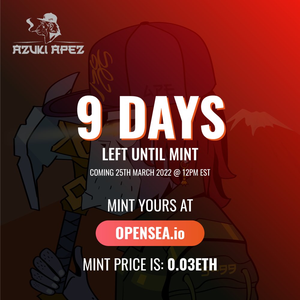 AzukiApez's tweet image. 9 Days left until mint day. Check out our Roadmap on our official website. Link in bio. #ApeStrongTogether #Mint #NFT #NFTCommmunity #BlueChipNFT #AAGC