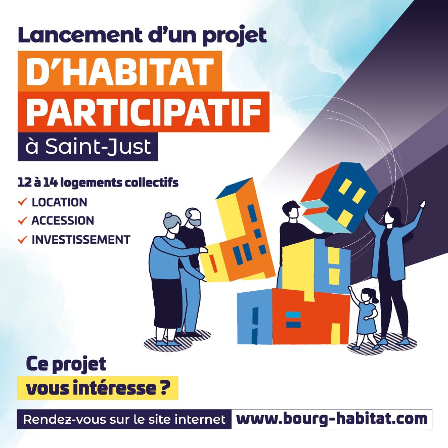 Bourg Habitat lance un projet en #habitatparticipatif à Saint-Just ! Au programme : conception, avec un groupe d’habitants volontaires, d’une résidence comprenant 12 à 14 logements et des espaces communs (jardin, buanderie, chambre d’ami…). Plus d’infos sur notre site internet !
