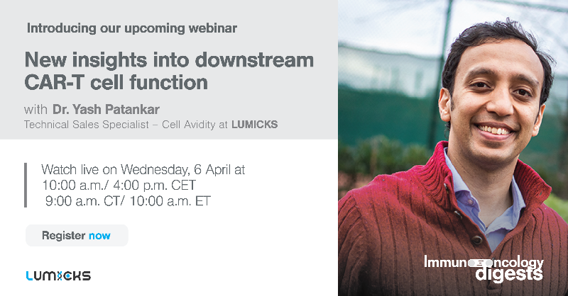 LUMICKS_nl's tweet photo. Finding a new way to select the ideal #CART candidate faster and with more confidence? Join our next #IOdigest by Dr. Yash Patankar, Technical Sales Specialist – #CellAvidity, which will be hosted on Wednesday, 6 April at
10:00 a.m./ 4:00 p.m. CET
9:00 a.m. CT/ 10:00 a.m. ET⬇️