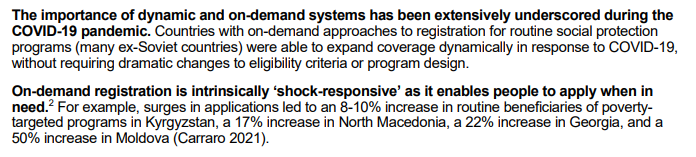 ValentinaBarca_'s tweet photo. First: On-demand registration is intrinsically #shockresponsive’ as it enables people to apply when in need.e.g. COVID-19 surges in applications led to an 8-10% increase in routine bens in Kyrgyzstan,+17% in North Macedonia, +22% in Georgia, and +50% increase in Moldova 2/ https://t.co/93Tfkquvcg