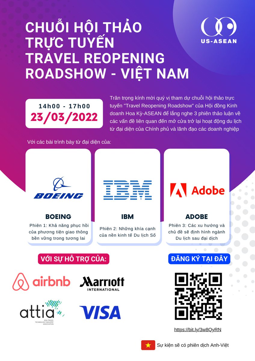 USASEANBusiness's tweet photo. Don't miss our upcoming Travel Roadshow Event in #Vietnam! Wednesday March 23, 2-5 PM GMT+7. Register via the QR code / link in flyer
#travel #Vietnam #VisitVietnam #VisitASEAN https://t.co/jhjxM621vr