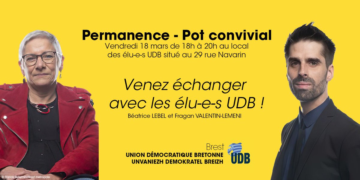 [Permanence/Pot convivial] 

Les élu-e-s UDB tiendront une permanence ce vendredi 18 mars.

Venez échanger avec eux de 18h à 20h au local des élu-e-s situé au 29 rue Navarin.

#Brest #UDB