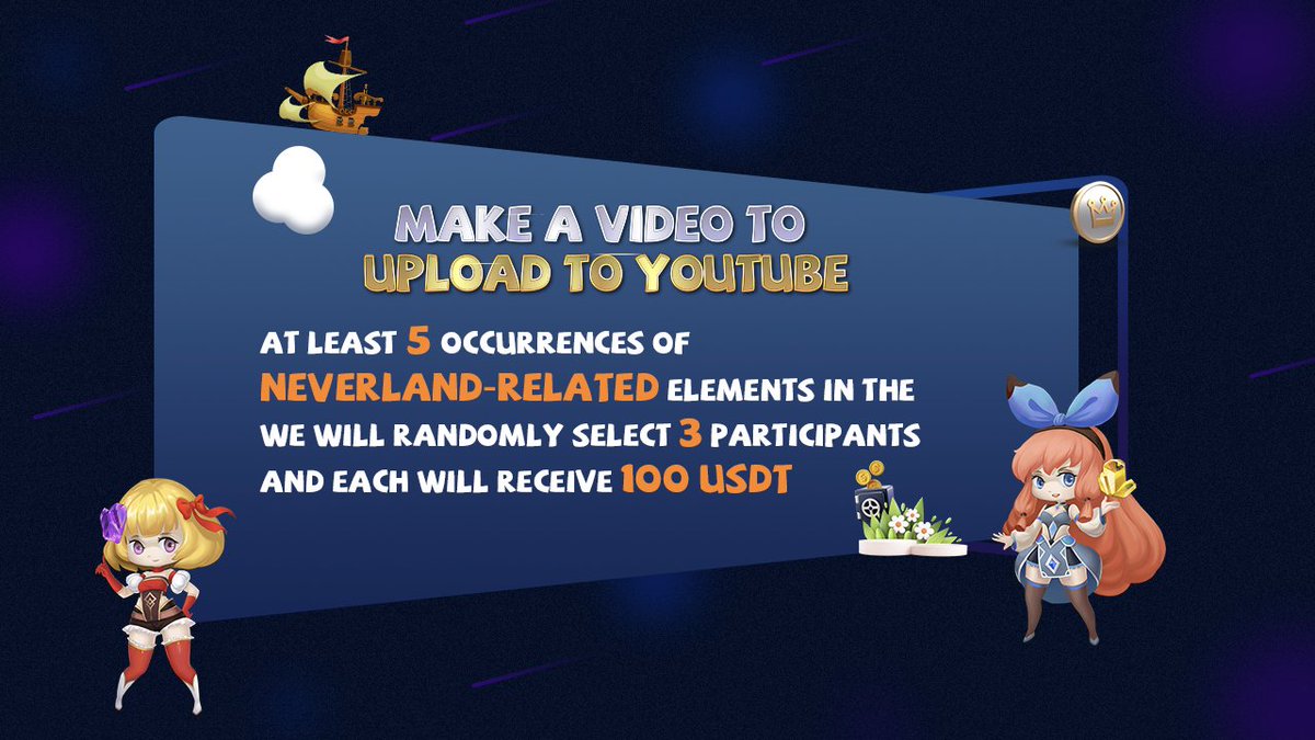 🦚Make a video for Neverland!

🐥You can design and make a script and criteria for Video of Neverland, introduce the game patterns or something else.

🐟Join this story with your mindset.

⏲️Time: March 20th - March 30th

🥇Pick 3 users to win 100 USDT each.

#BSC #SocialFi