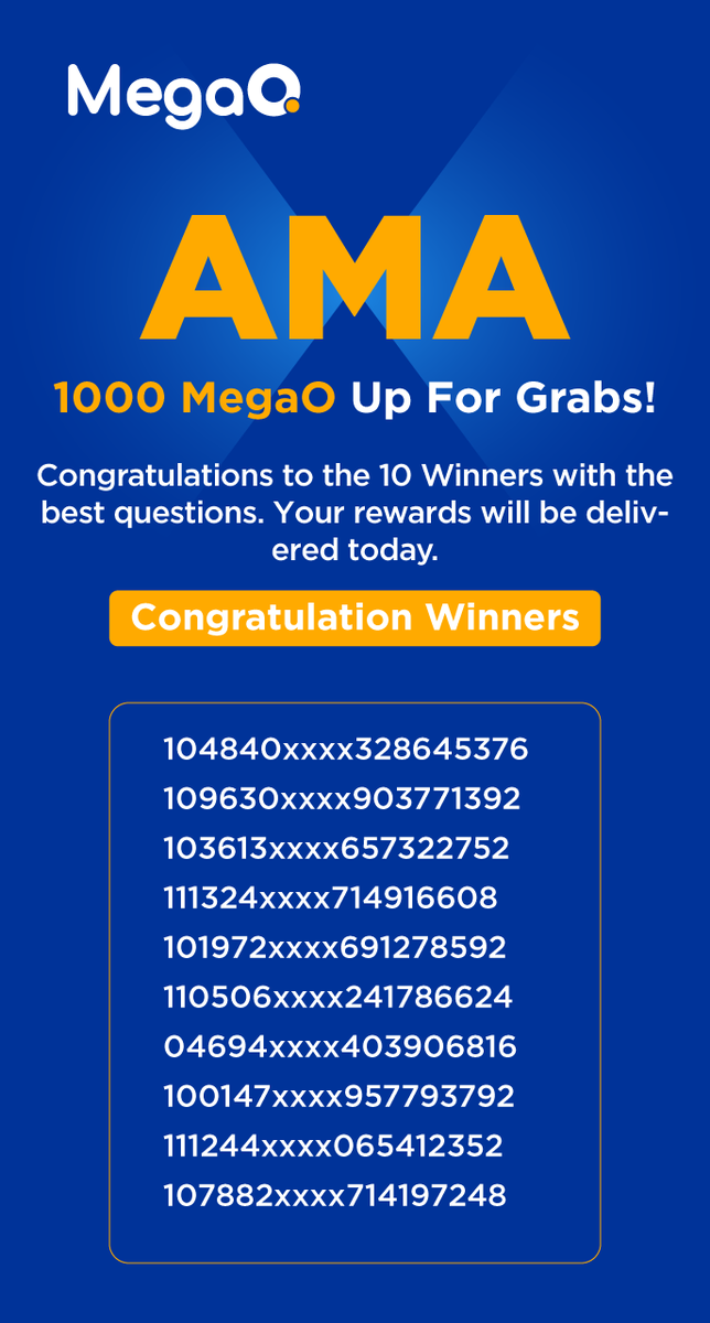 5roiglobal's tweet photo. 🥳🥳🥳Congratulations to all the winners that participated in AMA about @OfficialMegaO
💥 Highlights In The AMA About MegaO visit here:https://t.co/1lnAPpWhVI
👉 Trading MegaO/USDT on 5ROI Global: https://t.co/LUmmuuNk0E
#5ROIGlobal #MegaO #MegaOToken #ROIToken https://t.co/ui3rWI3vvC