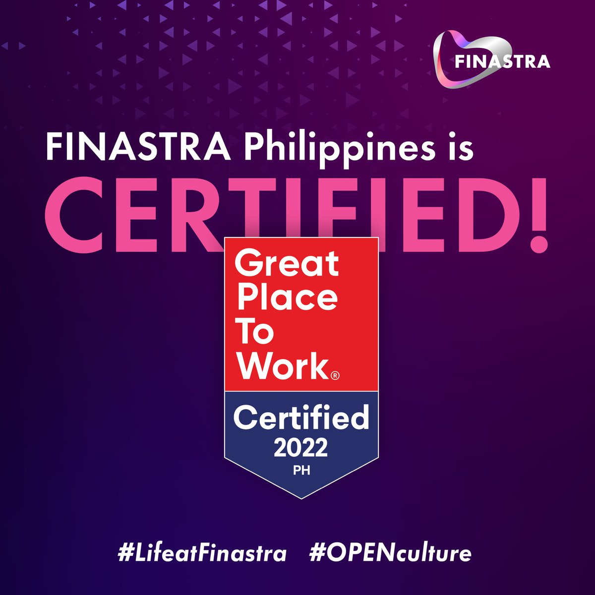 FinastraFS's tweet photo. IT'S OFFICIAL! @FinastraFS Philippines is recognized as Great Place to Work®!

OPEN. This is the culture and purpose we uphold at Finastra, and we believe that this is part of what makes us different. 

#LifeatFinastra #OpenCulture #GPTWCertified #GreatplacetoworkPH https://t.co/gDFx7YUgbm