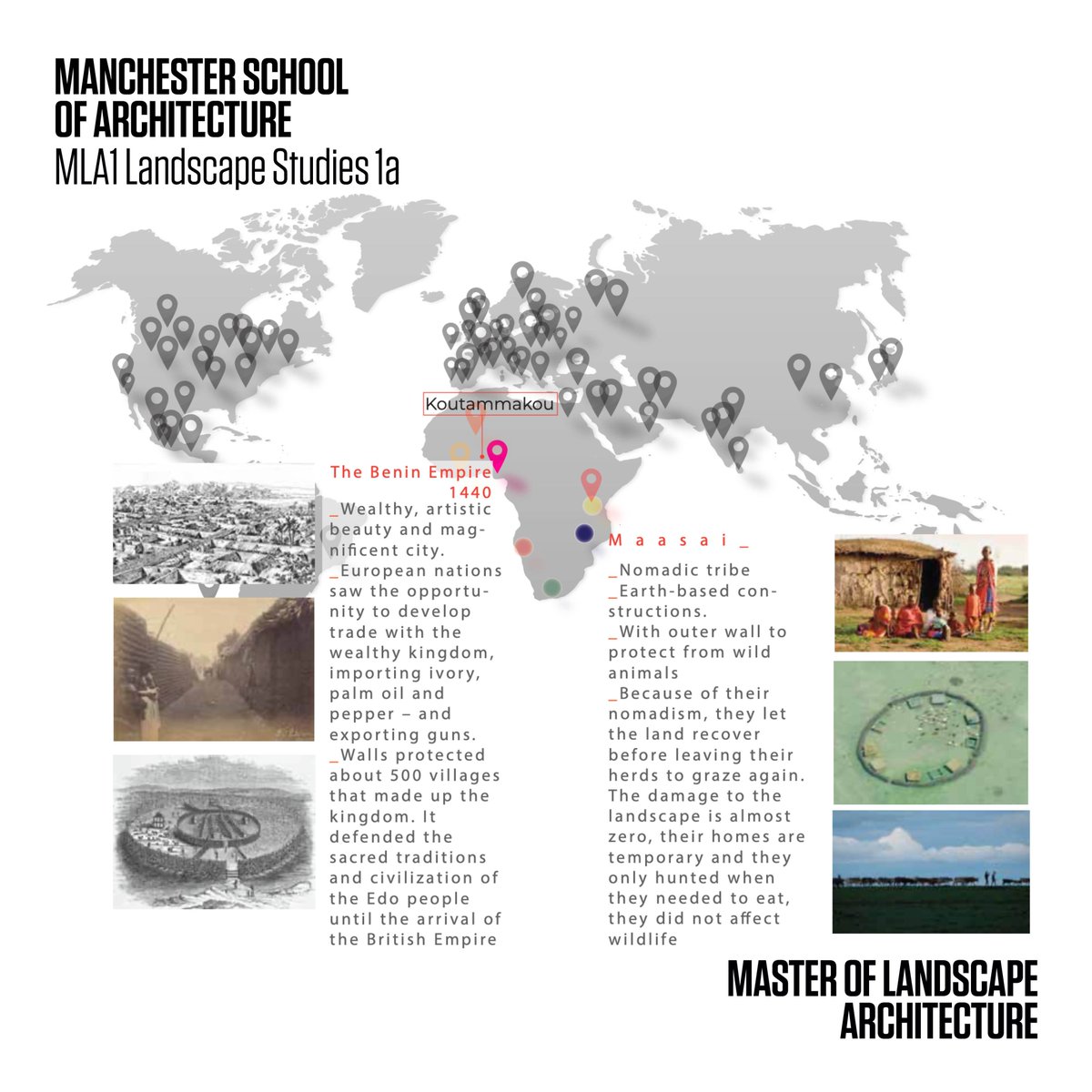 LS1a History &amp; Theory series.

Above <a href="/TreicyIsamitt/">t.Isamitt</a> maps highlight the absence of African landscapes in history of landscape architecture. Treicy seeks to redress this through identifying influential African empires and examples of cultural and indigenous landscape practices.