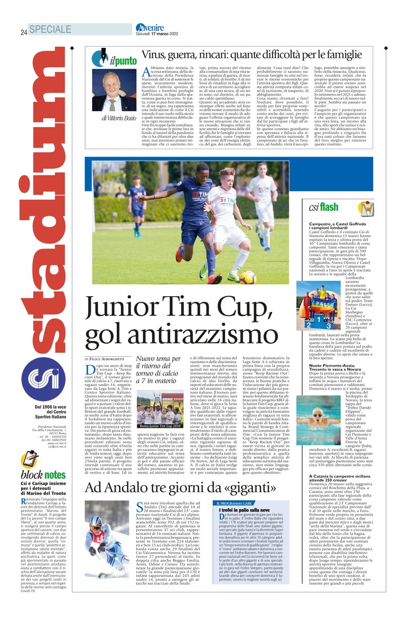 CSInazionale's tweet photo. Nella pagina #Stadium su Avvenire di oggi #17marzo
✅ #JuniorTIMCup, gol antirazzismo @SerieA @TIM_Official #keepracismout
✅ Ad Andalo tre giorni da «giganti» #FinaliCSI
LEGGILA QUI 👉 https://t.co/sFZr2T4cJf https://t.co/Fh7aaFTktG