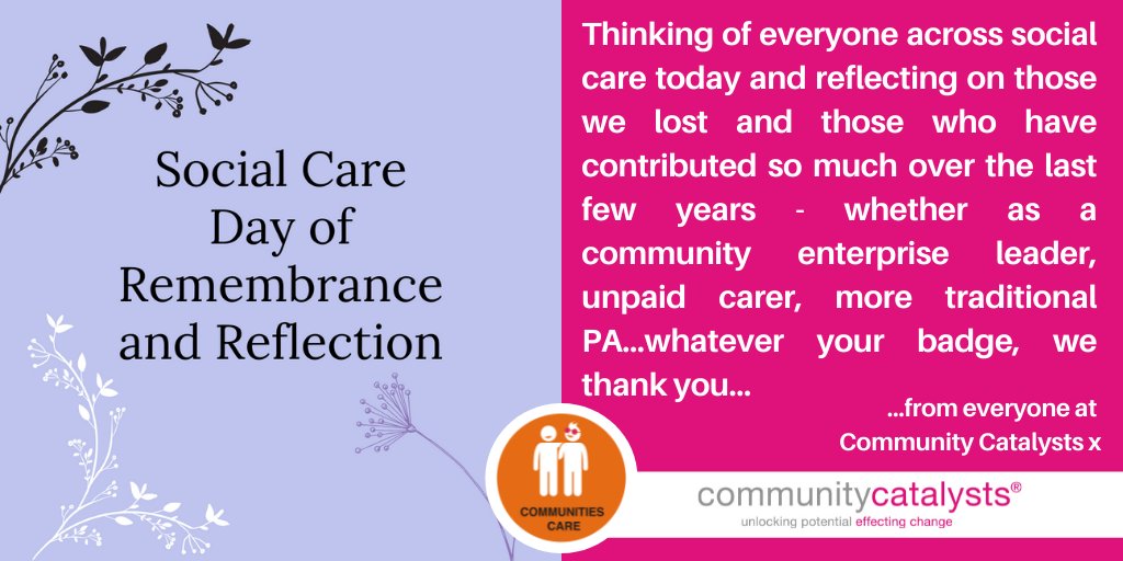 CommCats's tweet image. Thinking of everyone across #SocialCare today, reflecting on those we lost &amp;amp; those who have contributed so much over the last few years – whether as a community enterprise leader, unpaid carer, more traditional PA...whatever your badge, we thank you – from everyone at @CommCats x