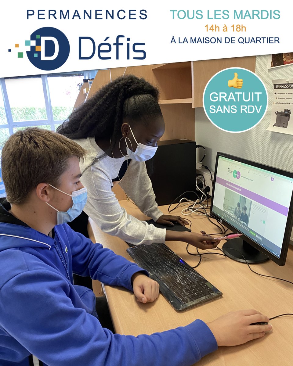MQ Bois du Château (@mqboisduchateau) on Twitter photo 🖥 PERMANENCE Association Défis
Besoin d'un coup de 👍 en informatique ?
Yagoendé vous reçoit tous les mardis pour vous accompagner dans vos problématiques sur PC, smartphone ou tablette !
👍 Gratuit et sans RDV !
🗓 le mardi de 14h à 18h
📍Maison de Quartier
<a href="/AssoDefis/">Association Défis</a> 🖥 PERMANENCE Association Défis
Besoin d'un coup de 👍 en informatique ?
Yagoendé vous reçoit tous les mardis pour vous accompagner dans vos problématiques sur PC, smartphone ou tablette !
👍 Gratuit et sans RDV !
🗓 le mardi de 14h à 18h
📍Maison de Quartier
<a href="/AssoDefis/">Association Défis</a>