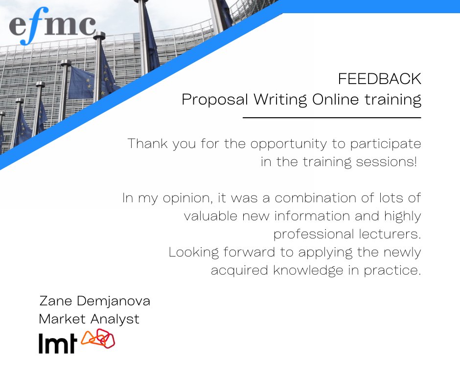 EfmcEurope's tweet photo. One way to improve our services is collecting feedback from our training participants. Today we would like to share one of them.

#Feedback #OnlineTraining #HorizonEurope https://t.co/S1NUyv6TB4