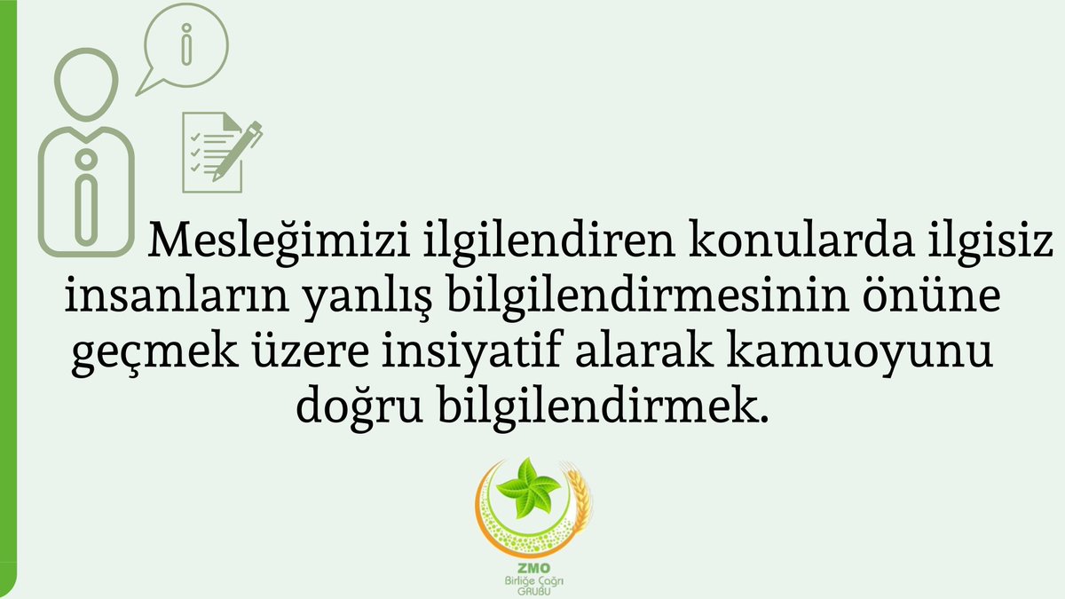 |#ZMO'da #BirliğeÇağrı
Mesleğimizi ilgilendiren konularda ilgisiz insanların yanlış bilgilendirmesinin önüne geçmek üzere insiyatif alarak kamuoyunu doğru bilgilendirmek.