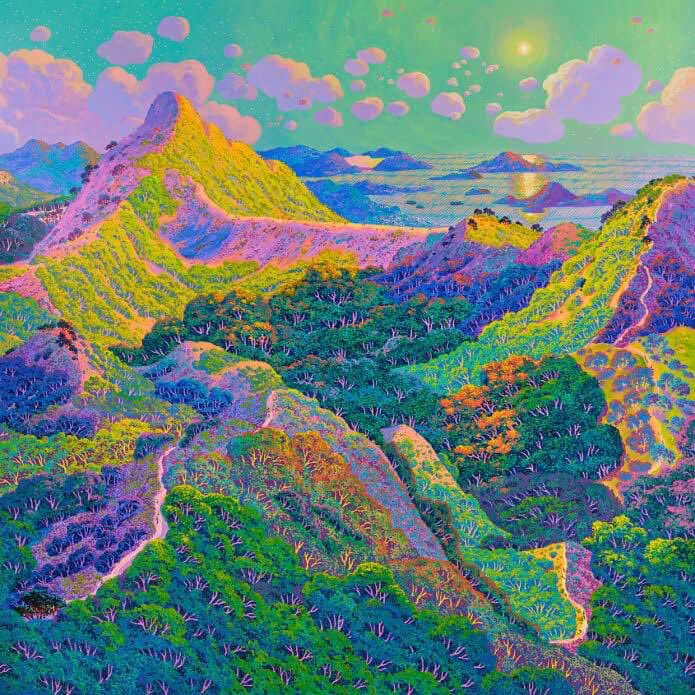 Artist Stephen Wong is a Hong Kong landscape painter, born in 1986, who produces amazingly detailed, surreal paintings after taking in the scenery during long  on Hong Kong’s most famous hiking trail, the MacLehose.

This is his canvas of the MacLehose Trail's fourth section.