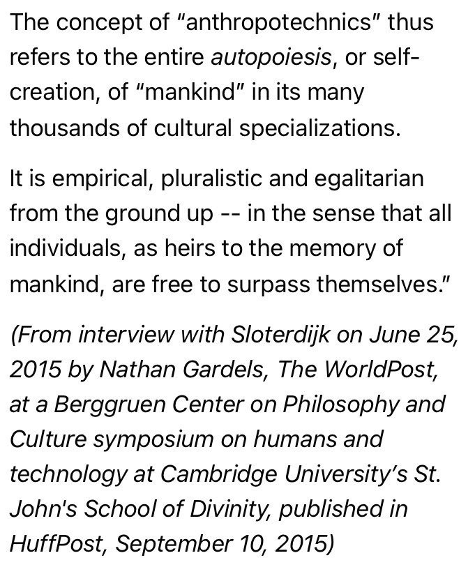 “Antropo-tecniche”, ovvero di come l’essere umano sia quell’animale che addomestica se stesso attraverso il processo di civilizzazione e di (auto)educazione. L’essere umano dà forma a se stesso e può reinventarsi sulla base delle proprie tecniche poietiche.