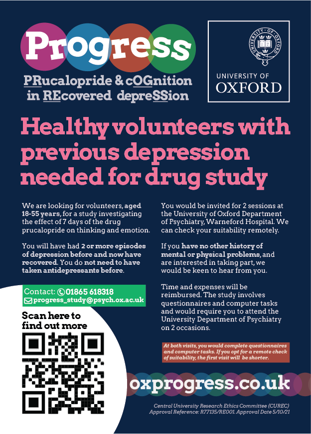 *Recruiting <a href="/OxfordPERL/">Oxford PERL Lab</a>* 
18-55, recovered from 2+ episodes of depression, &amp; no other health problems? 
We are looking for healthy volunteers for a study investigating how a licensed drug (prucalopride) affects thinking &amp; emotion. Time &amp; travel reimbursed. oxprogress.co.uk