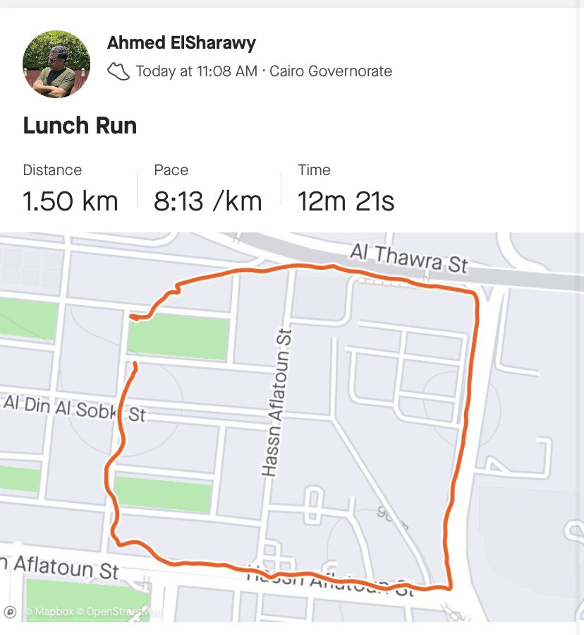 AhmadElSharawy's tweet image. النهاردة وقبل كدة كان في نصايح كتير بالمشي او الجري او اي رياضة عموما والجري رياضة غير مكلفة تتناسب مع ارتفاع التزاماتي وسهلة تتعمل في اي حتة. دي الجرية اللي هقيس عليها بعد كدة #BenchmarkRun