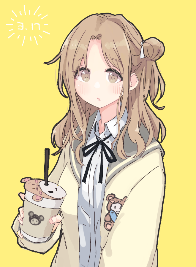 ichikawa hinana 1girl single side bun hair bun solo yellow cardigan brown hair cup  illustration images