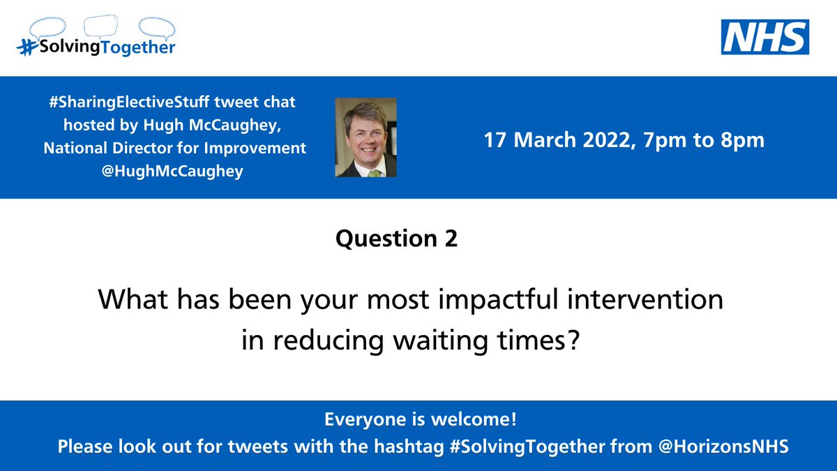 HorizonsNHS's tweet photo. REMINDER OF QUESTION 2: What has been your most impactful intervention in reducing waiting times?
Please add A2 & #SolvingTogether to your answers so that we can find them! https://t.co/r6MWsqypkf