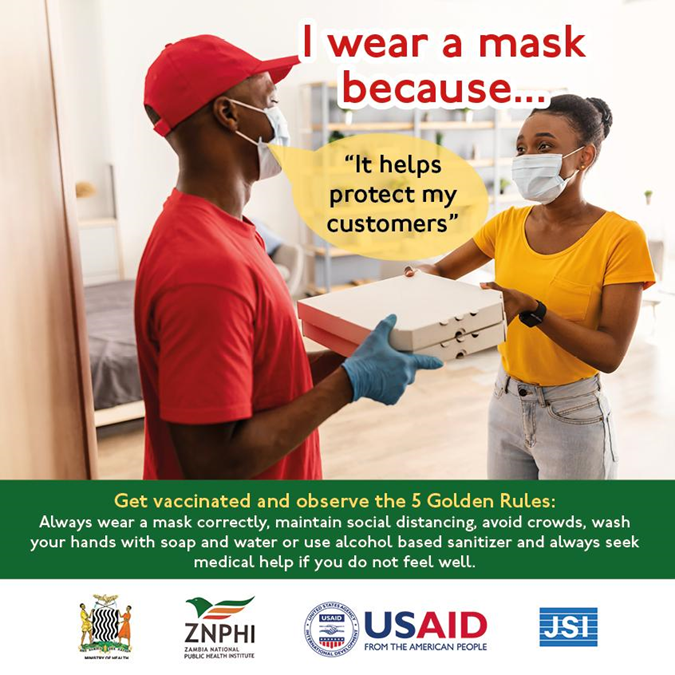 ZMPublicHealth's tweet photo. The pandemic isn't over. Let’s all play our part in protecting each other. Get vaccinated and wear a face mask in public. It’s important to keep the mask on at all times, covering the mouth and nose, to help prevent the spread of COVID-19. 

#5GoldenRules #KeepSafe #MaskUp https://t.co/dnuq43SQS2