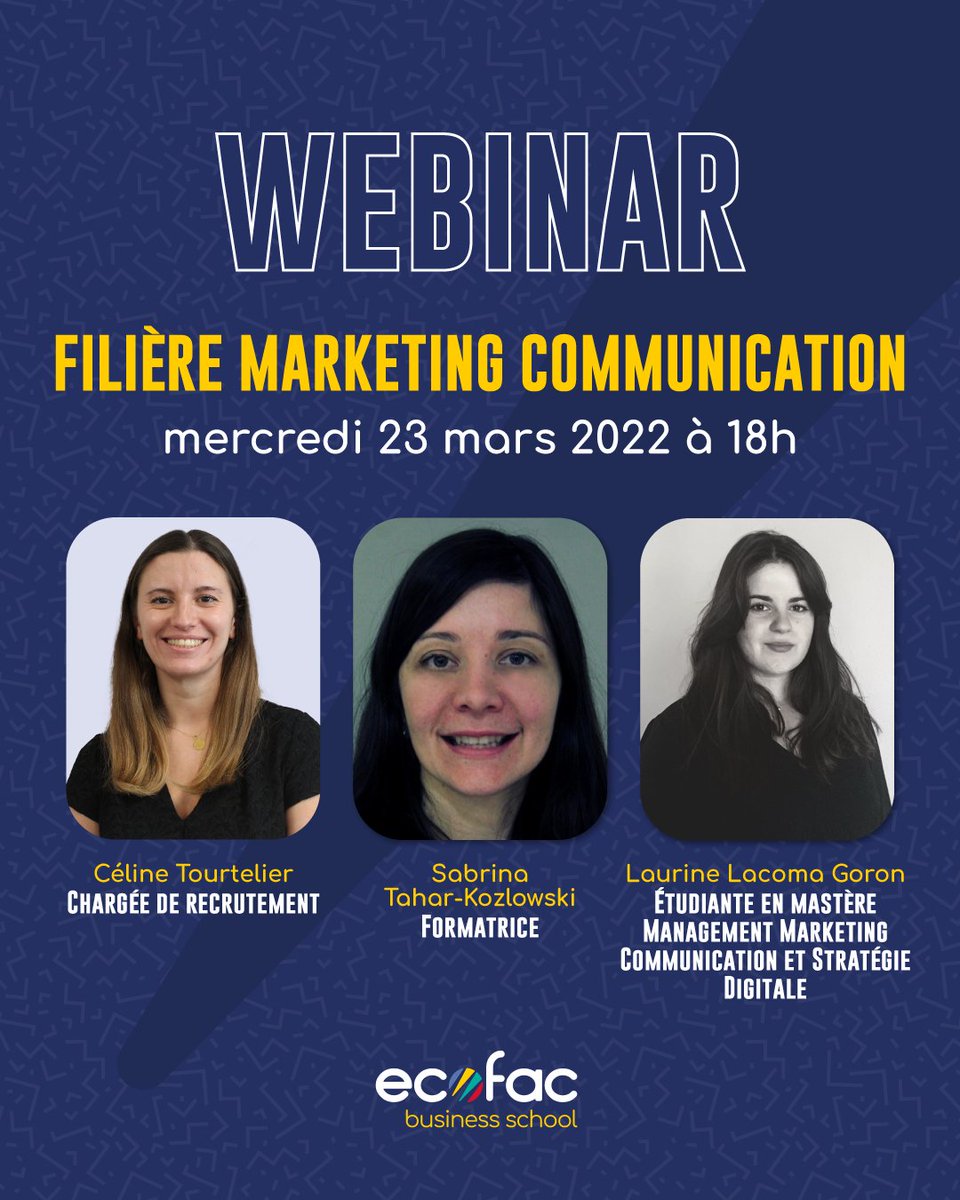📣 Nous avons le plaisir de t'inviter à notre webinar spécial filière Marketing Communication 📅 le mercredi 23 mars 2022 à 18h !

Lien d'inscription : app.livestorm.co/ecofac/webinar…