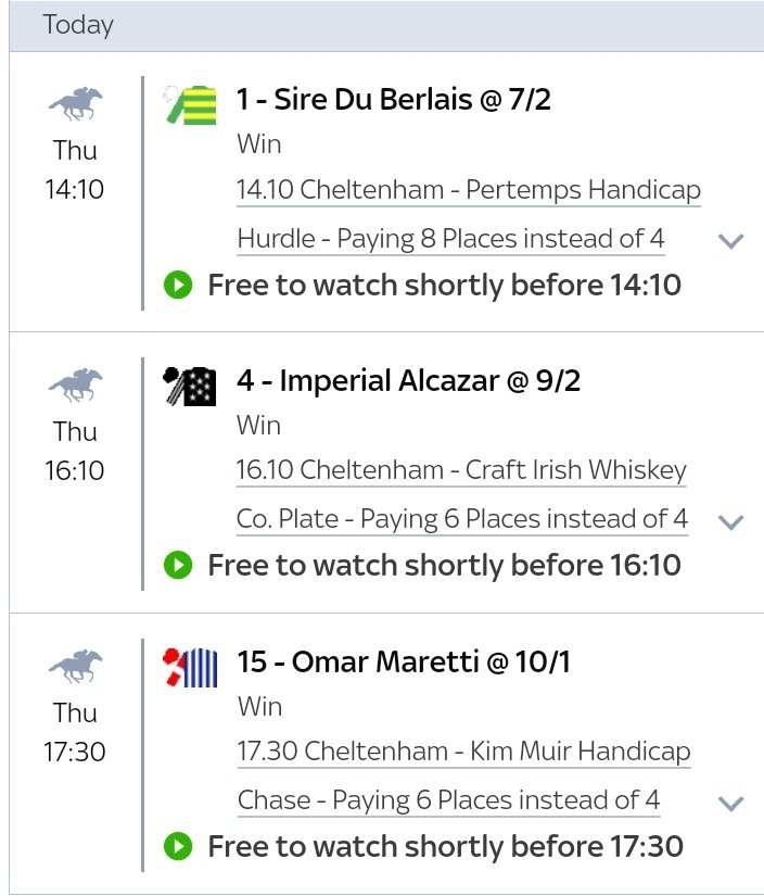 ExtraPlacePunts's tweet image. Two bets for me today at #Cheltenham in some of the #Skybet extra place races. A shortish priced EW treble and a much bigger EW double.