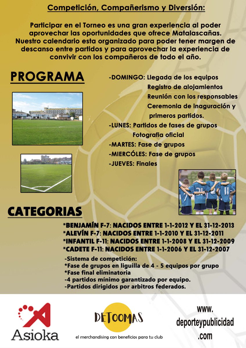 detoomas's tweet photo. 🏆 Torneo de fútbol en diferentes categorías

⚽ Benjamín, Alevín, Infantil y Cadete

🗓️ 10-14 abril

🏖️ Playa de Doñana

✅ ¿Estás interesado en participar con tu equipo?

📲 Llama a este número: 630721830

💻 https://t.co/MYZagOtYMK https://t.co/d2OD1JrDet