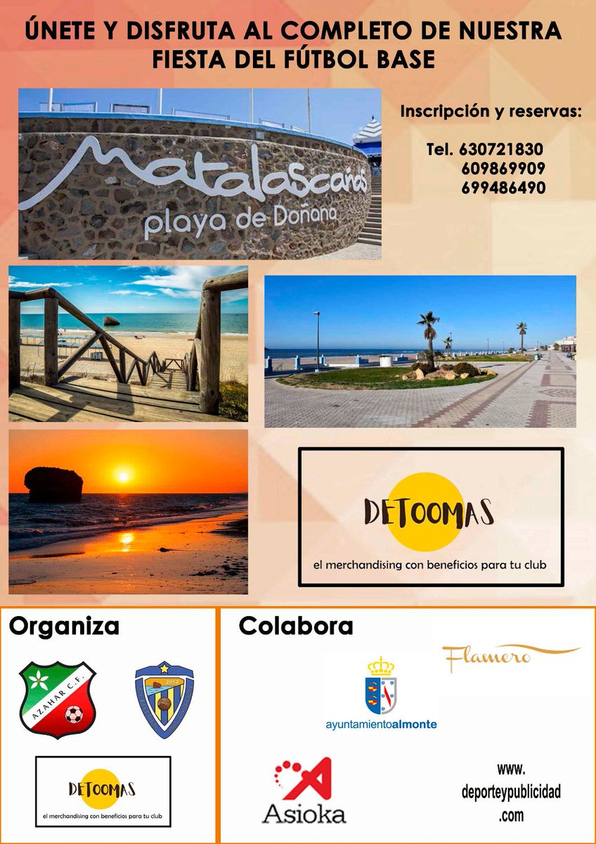 🏆 Torneo de fútbol en diferentes categorías

⚽ Benjamín, Alevín, Infantil y Cadete

🗓️ 10-14 abril

🏖️ Playa de Doñana

✅ ¿Estás interesado en participar con tu equipo?

📲 Llama a este número: 630721830

💻 torneoplayadedonana.com