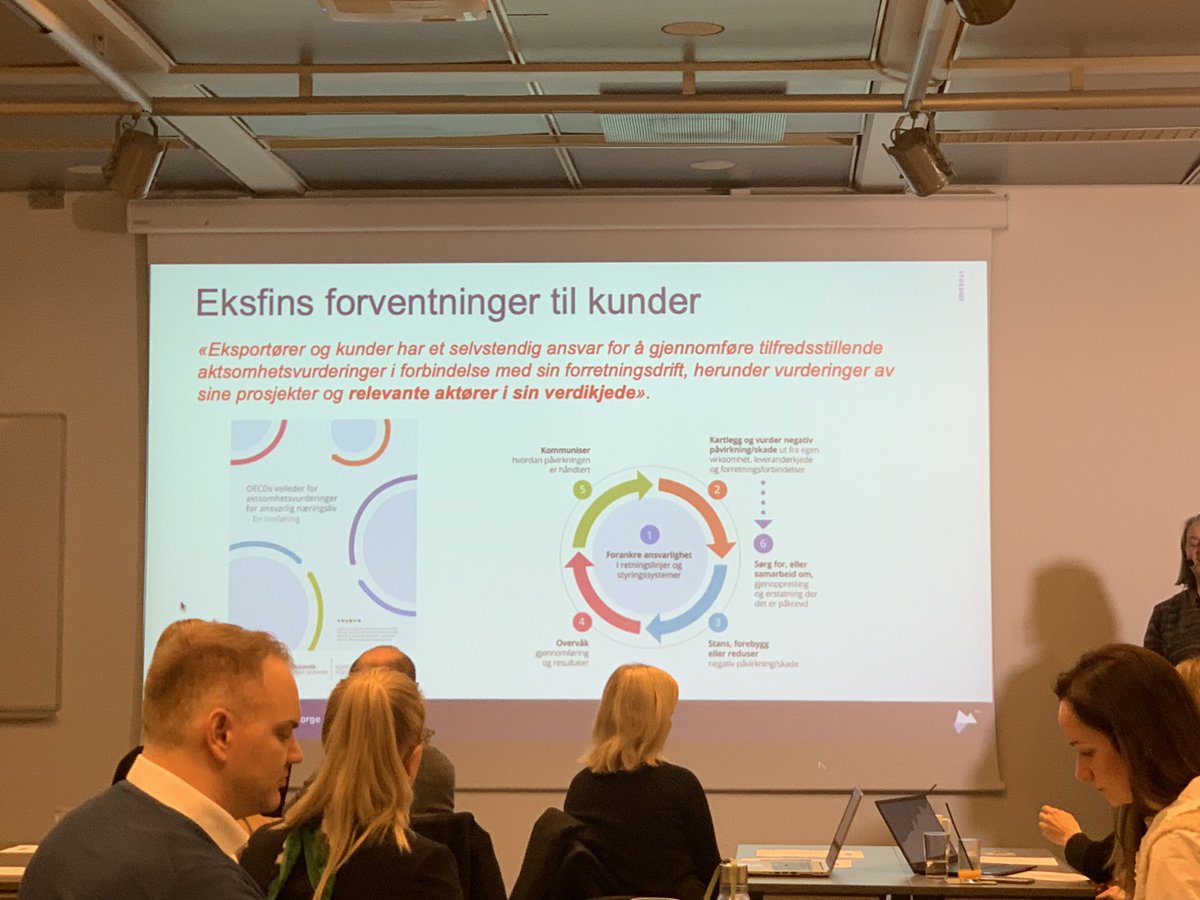 OECD_NCP_Norway's tweet photo. Vi er igang med tredje samling i vårt kurs i #ansvarlignæringsliv. Idag ser vi på @EksfinN sine forventninger til kunders #aktsomhetsvurderinger https://t.co/jzv7xP5I19