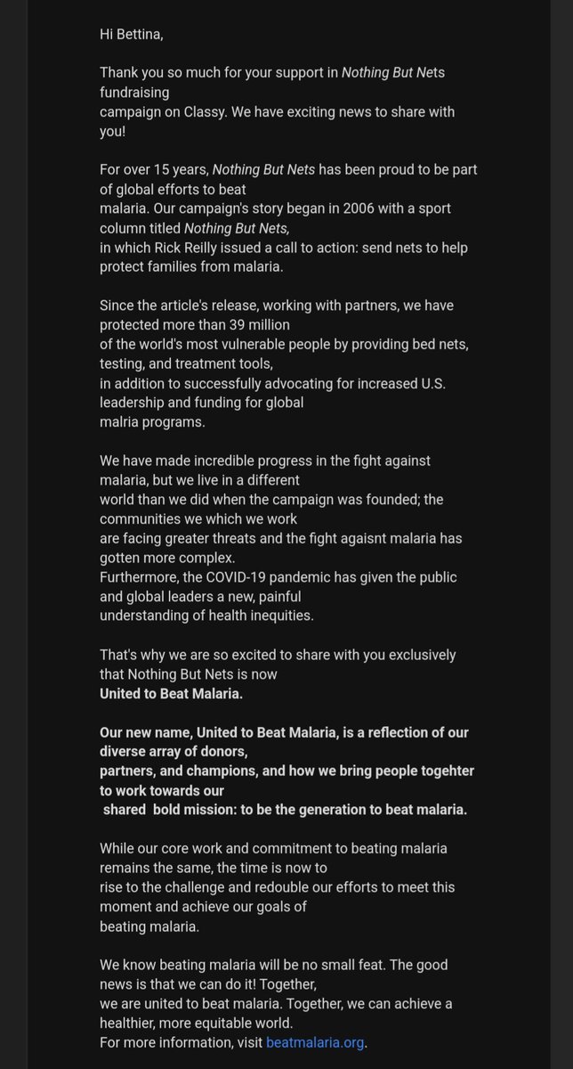 BettinaBier's tweet photo. Another Organisation we helped zo help the people with @GISH
I like to share the email I got today. 
@beatmalaria 
#nothingbutnets #gish #gishjointhehunt #proudtobeagisher https://t.co/ME9JVe8RY8