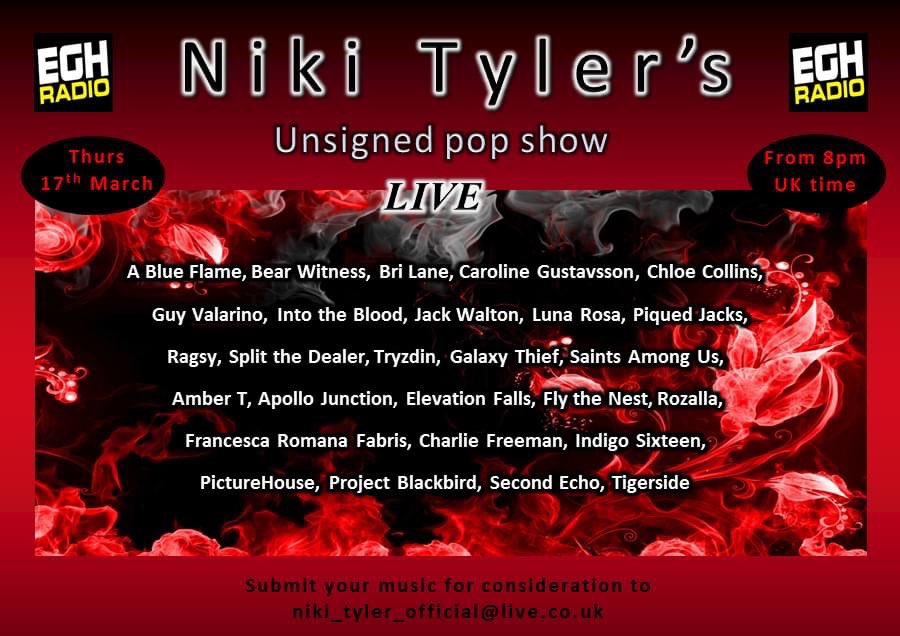 Playing on my <a href="/EGHRadio/">EGH Radio</a> pop show tonight #CarolineGustavsson <a href="/Ragsy78/">Ragsy</a> <a href="/BriLaneMusic/">Bri Lane</a> <a href="/Bear_Witness_/">Bear Witness</a> <a href="/jwaltonmusic/">Jack Raymond Walton</a> <a href="/ChloeCollinsMus/">Chloë Collins</a> <a href="/secondechomusic/">Second Echo</a> #Tryzdin <a href="/GalaxyThiefBand/">Galaxy Thief</a> <a href="/AmberTmusic/">Amber T ♡</a> <a href="/PiquedJacks/">Piqued Jacks</a> <a href="/rozallab/">Rozalla</a> <a href="/Tigerside/">Tigerside</a> @SplitTheDealer